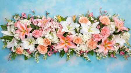 Harmonious floral mix of pink, white, and peach tones, neatly arranged with lilies and roses against blue backdropの素材
