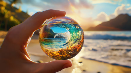 Perspective shot of hand holding orb with detailed ocean wave inside, blending nature and artistic reflectionの素材