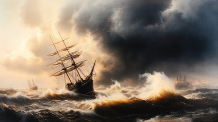 Ominous sailing ship braving a dark storm, waves crashing around the hull under heavy gray cloudsの素材