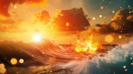 Surreal composition of hot and cold energy currents colliding, with sparks, frost, and glowing wavesの素材