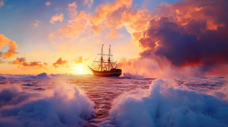 Sea storm brews around a historic sailing ship, its silhouette dark against the crashing waves and cloudsの素材