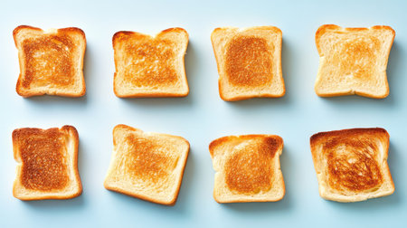 Toasted bread with golden crusts arranged neatly on pastel blue surface, soft grey background in kitchen styleの素材