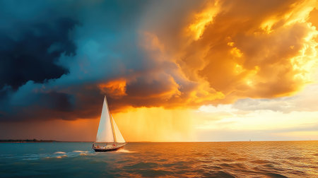 Stormy ocean surrounding a lone sailing vessel, ominous clouds and rain sweeping across the deckの素材