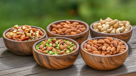 Wooden bowls filled with mixed nuts arranged on rustic table, colorful variety showing healthy snacking conceptの素材