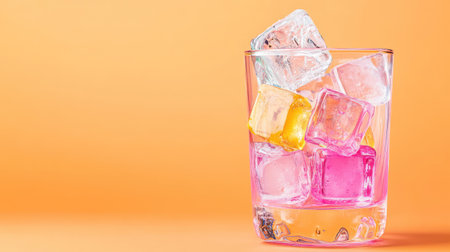 Colorful ice cubes swirling in vibrant pink liquid, in a clear glass with a bold orange background for tropical vibesの素材