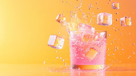 Bright and juicy scene of colorful ice cubes in pink drink creating a splash in glass, set on vibrant orange backgroundの素材