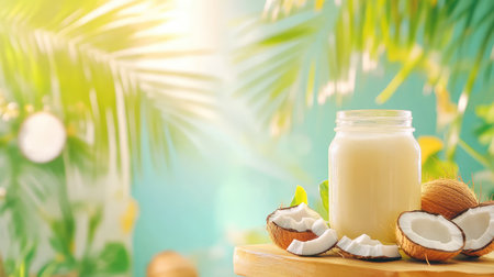 Healthy coconut oil in mason jar with cracked coconuts on a natural wood table, bright palm fronds in the backgroundの素材