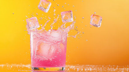 Colorful ice cubes collide in a glass of pink drink, frozen mid-splash with droplets flying against an orange backdropの素材