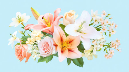 Blush-toned flower bouquet with hints of peach and white, including lilies and roses on pale blue backgroundの素材