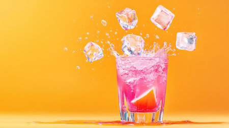 Bright and juicy scene of colorful ice cubes in pink drink creating a splash in glass, set on vibrant orange backgroundの素材