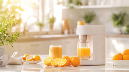 High-tech juicer with oranges arranged neatly on modern kitchen table, clean counters and fresh morning lightの素材