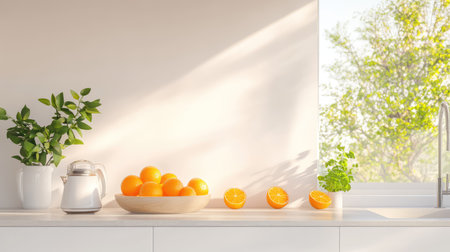 Minimalist kitchen scene featuring juicer and bowl of fresh oranges, emphasizing morning energy and healthの素材