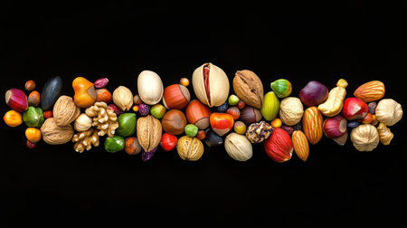 High-detail image of unshelled nuts arranged artistically, emphasizing variety, shape, and colorの素材