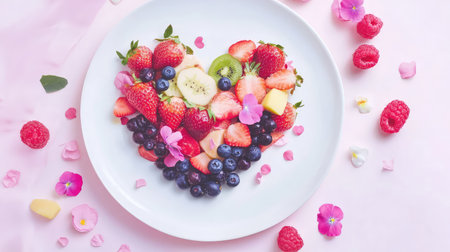Fresh fruits and veggies arranged into a heart shape on a clean plate, symbolizing nutrition and love for wellnessの素材