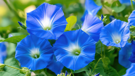 Macro shot of morning glory petals with deep blue color, silky textures, and delicate folds catching soft daylightの素材