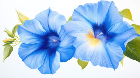 Glistening deep blue petals of a morning glory bloom, radiating delicacy and elegance in natural soft lightの素材