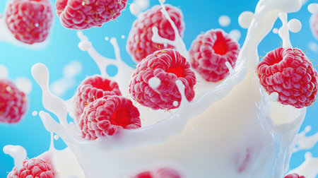Dynamic milk splash with bright red raspberries suspended in air, set against a pastel blue backdrop with high clarityの素材
