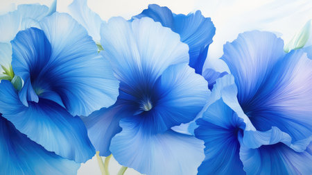 Glistening deep blue petals of a morning glory bloom, radiating delicacy and elegance in natural soft lightの素材