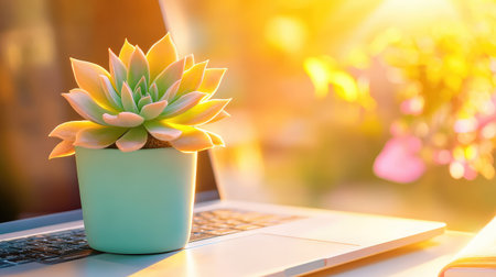 Teal potted succulent rests on a sleek laptop, bathed in golden sunset light, capturing calm workspace vibes with nature touchの素材