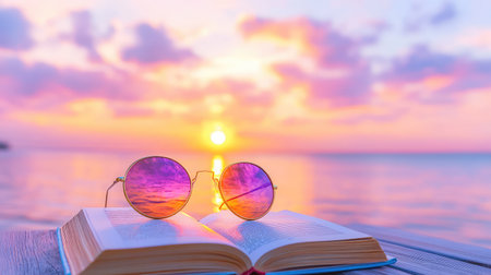 Round sunglasses rest on open book, reflecting fiery ocean sunset, blending travel, reading, and summer calmの素材