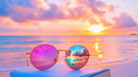 Round sunglasses resting on a paperback, with glowing sunset ocean mirrored in the lenses, peaceful beach vibesの素材