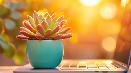 Green succulent in teal pot placed on laptop keyboard, golden-hour light casting warm reflections on the surfaceの素材