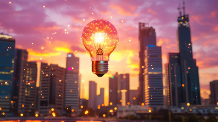 Night city scene with a radiant light bulb floating above skyscrapers, evoking innovation and visionary thinkingの素材