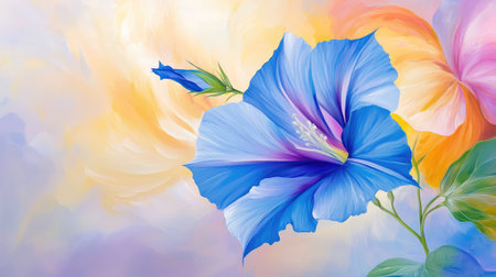 Silky morning glory flower in vibrant blue, each petal curving with subtle texture and bathed in soft illuminationの素材