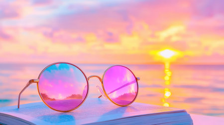 Round sunglasses resting on a paperback, with glowing sunset ocean mirrored in the lenses, peaceful beach vibesの素材