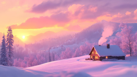 Snowy hilltop cabin bathed in soft pink sunset glow, smoke curling from chimney in peaceful winter sceneの素材