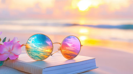 Round sunglasses resting on a paperback, with glowing sunset ocean mirrored in the lenses, peaceful beach vibesの素材