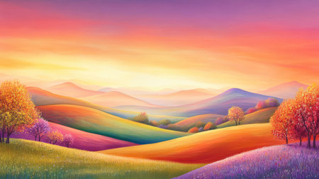 Rolling hills bathed in sunset light, blending tones of orange, pink, and violet in a tranquil countryside viewの素材