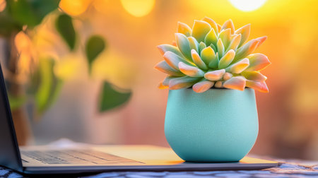 Small teal planter with succulent sits on a laptop, backlit by a soft orange sunset, perfect for cozy work-from-home themesの素材