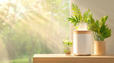 Tabletop purifier in fresh, modern design against dusty indoor background, promoting awareness of clean air benefitsの素材