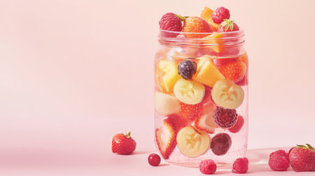 Berry-infused hydration in transparent glass jar, fruit slices suspended in crisp water with dewy freshnessの素材