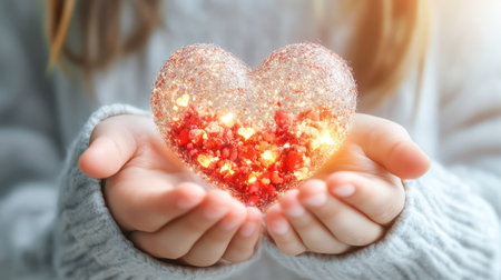Bright heart shape cradled in fingers, glowing with vitality and heartbeat overlayの素材