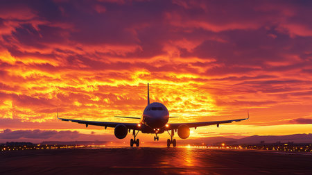 Dramatic sunset sky with an aircraft in silhouette, taxiing slowly across the runwayの素材