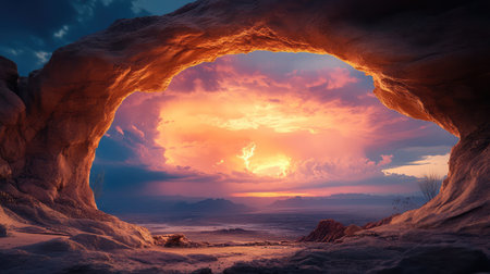 Electric storm lights up the sky seen through a jagged rock arch at night in the desertの素材