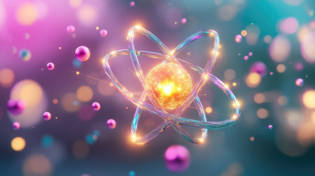 Digital concept art of an atom, featuring luminous particles and energy lines spiraling around a glowing coreの素材