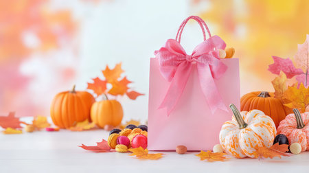 Festive Halloween gift bag with sweets and ribbon detail, arranged with miniature pumpkins and autumn leavesの素材