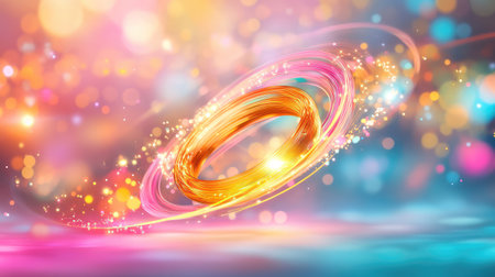 Vibrant cosmic swirl of notes forming a glowing ring, intersected by rhythmic energy linesの素材