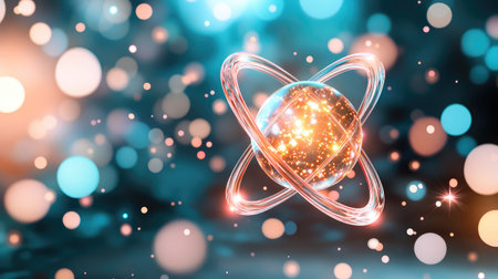 Stylized atom icon with spinning orbits and particles, glowing in a dark, tech-inspired backgroundの素材