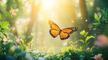 Ethereal butterfly glows as it moves through an otherworldly forest, leaves and shadows dancing aroundの素材