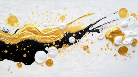 Abstract black and gold painting with flowing brush strokes, white accents, and vivid energyの素材