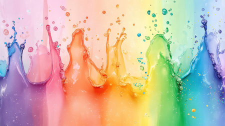 Bright rainbow paint splashes in dripping motion, vibrant abstract background with energetic movementの素材