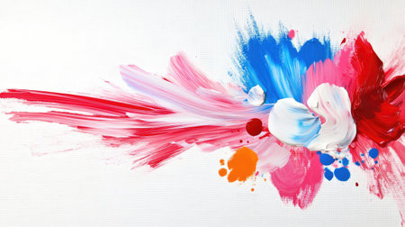 Abstract acrylic background with bold brush strokes of red, white, and blue forming layered textured artの素材