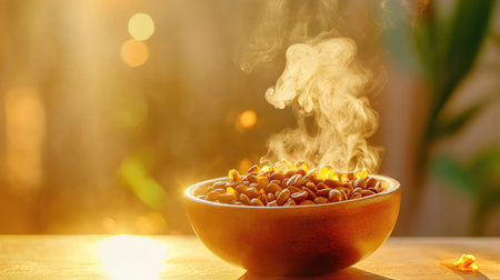 Aromatic coffee beans steaming fresh from roast, glowing under warm light, moody backdropの素材