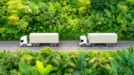 Aerial view of three white trucks on a highway through lush greenery, capturing smooth logistics in actionの素材