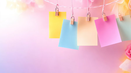 Bright sticky notes--pink, yellow, and blue--hanging with wooden clips, creative reminder setupの素材