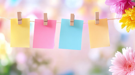 Bright sticky notes--pink, yellow, and blue--hanging with wooden clips, creative reminder setupの素材
